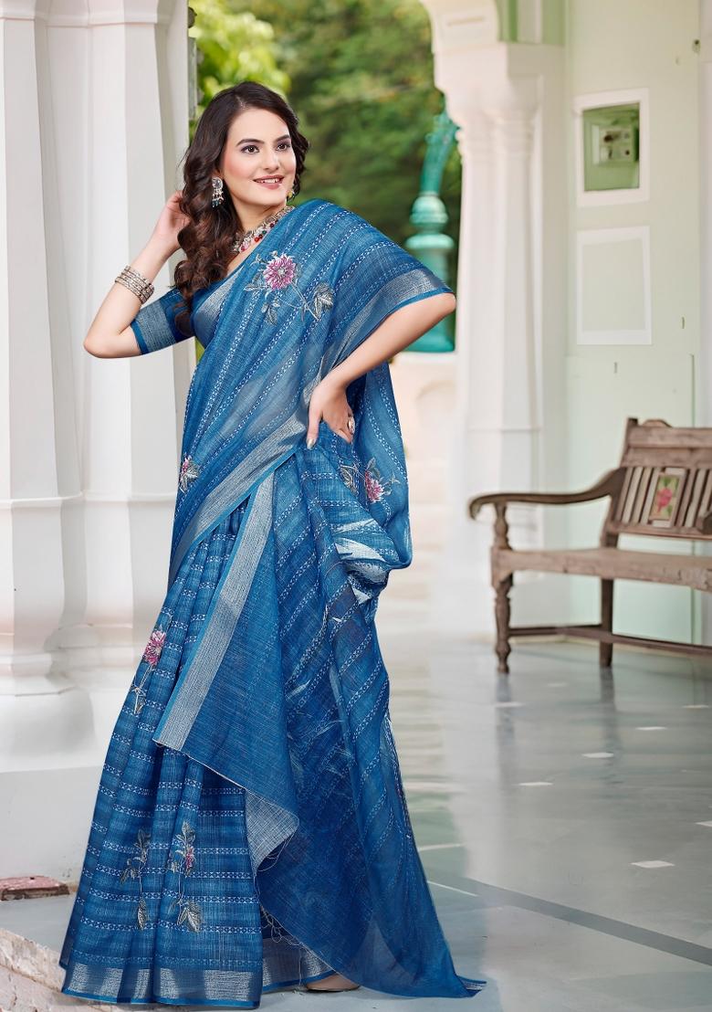 Blue Printed Cotton Saree Set - Indya
