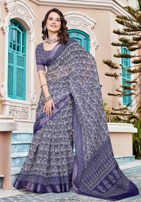 Purple Printed Cotton Saree Set