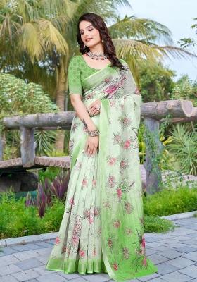 Green Printed Cotton Saree Set