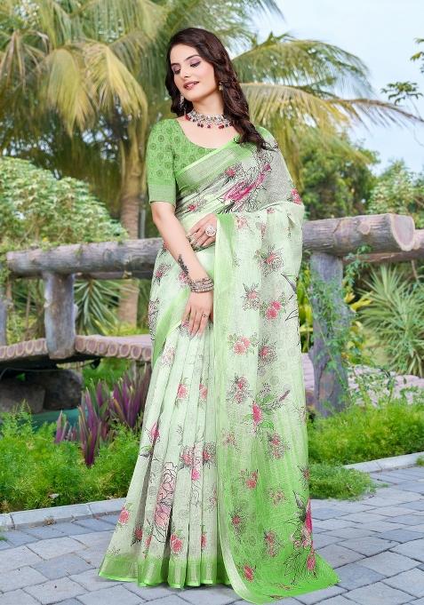 Green Printed Cotton Saree Set