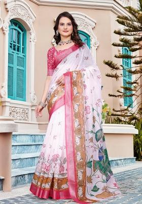 Beige Printed Cotton Saree Set