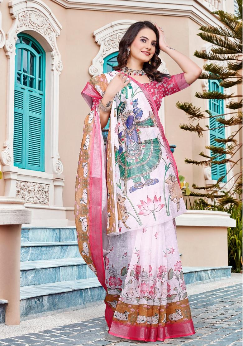 Beige Printed Cotton Saree Set - Indya