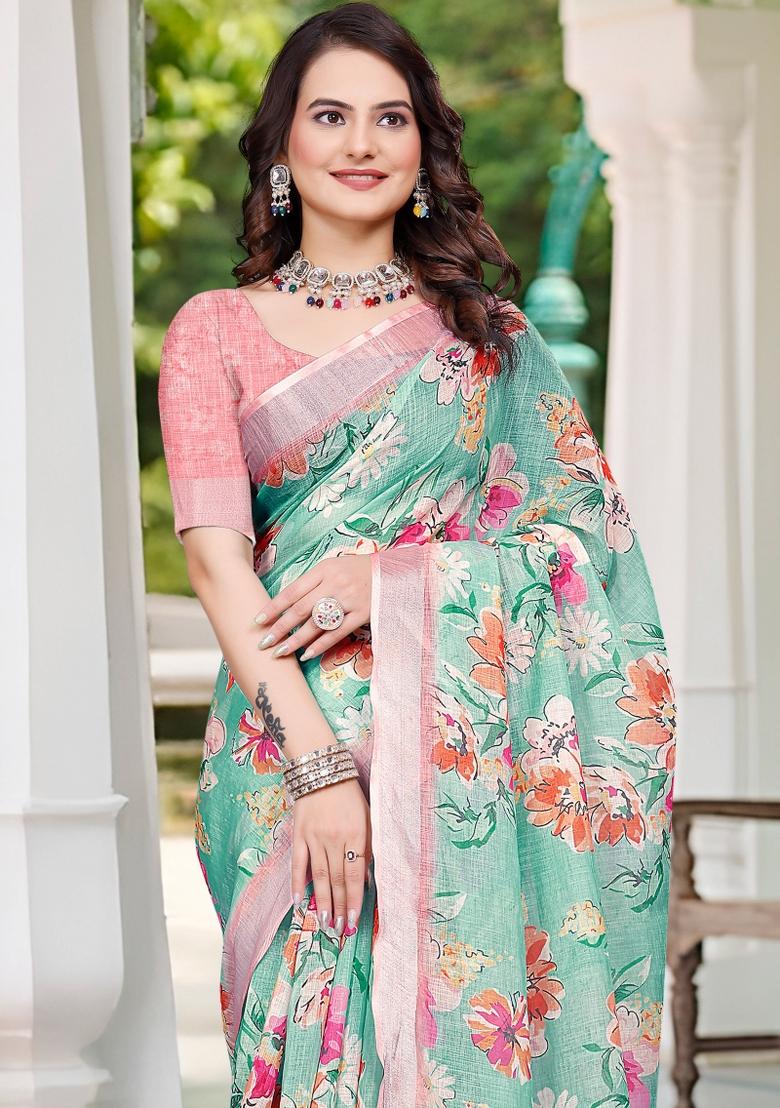 Green Printed Cotton Saree Set - Indya