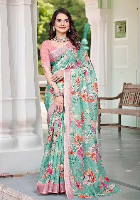 Green Printed Cotton Saree Set