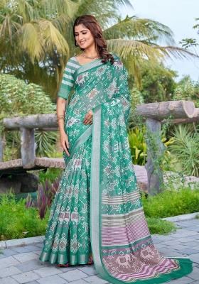 Green Printed Cotton Saree Set