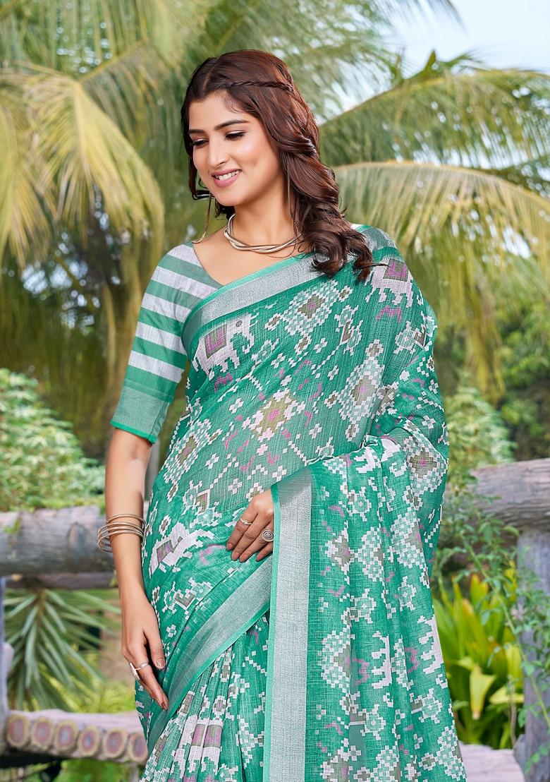 Green Printed Cotton Saree Set - Indya