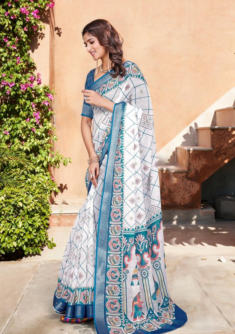 Blue Printed Cotton Saree Set - Indya