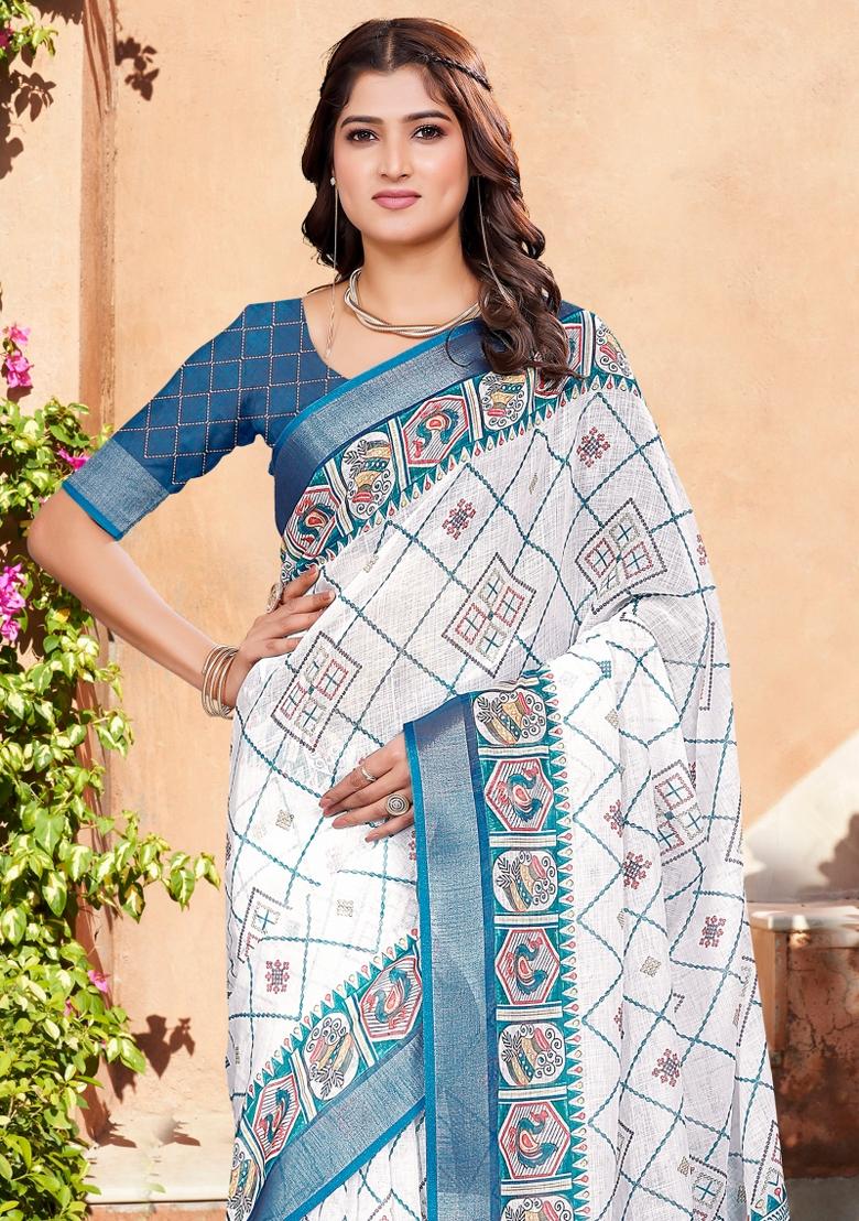 Blue Printed Cotton Saree Set - Indya