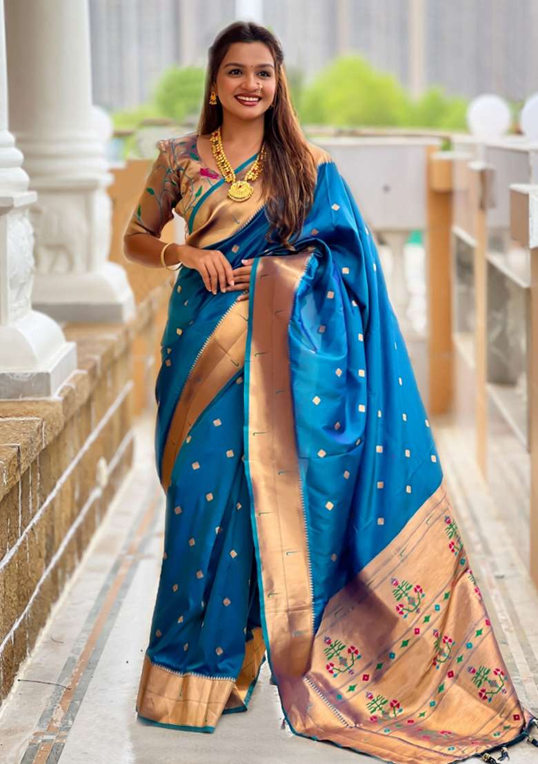 Blue Embroidered Silk Saree Set for Diwali and Festive Wear - Indya