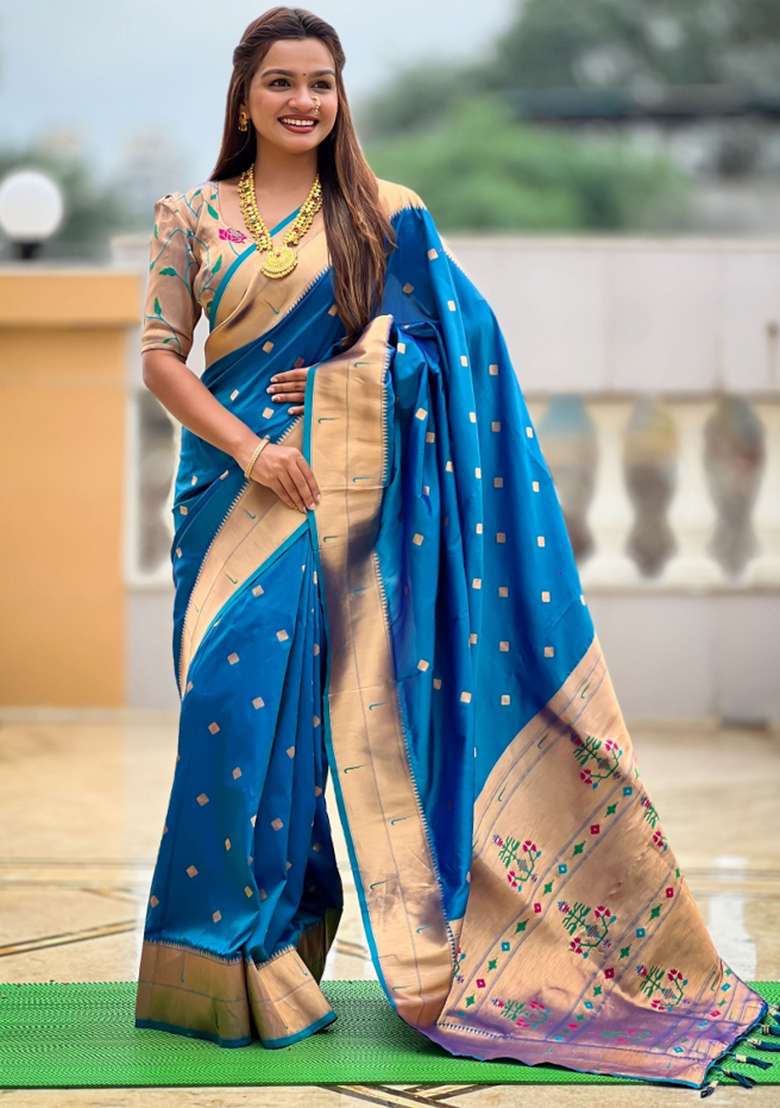 Blue Embroidered Silk Saree Set for Diwali and Festive Wear - Indya