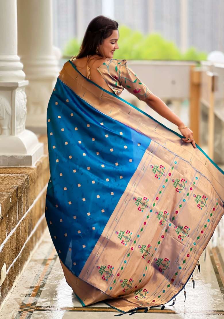 Blue Embroidered Silk Saree Set for Diwali and Festive Wear - Indya