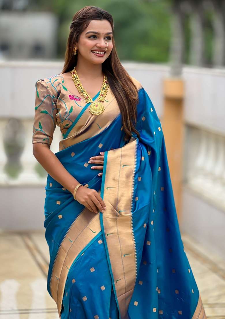 Blue Embroidered Silk Saree Set for Diwali and Festive Wear - Indya