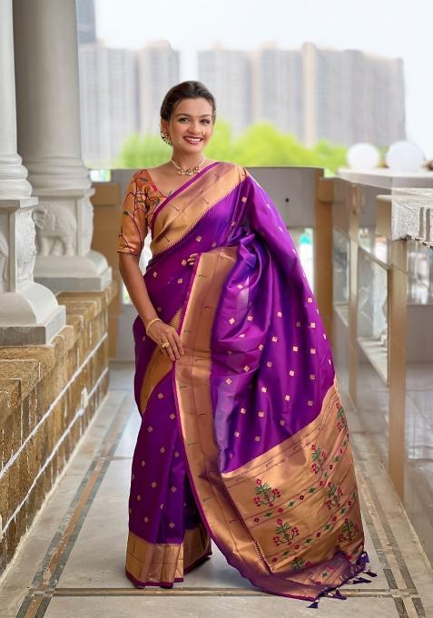 Purple Embroidered Silk Saree Set