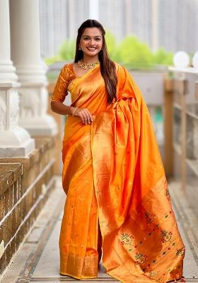 Orange Embroidered Silk Saree Set