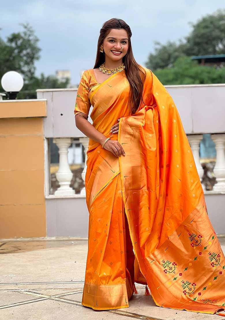 Orange Silk Saree Set with Embroidered for Diwali | Wedding & Festive Wear - Indya