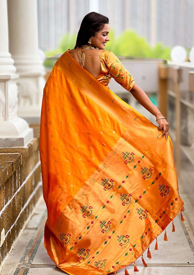 Orange Silk Saree Set with Embroidered for Diwali | Wedding & Festive Wear - Indya