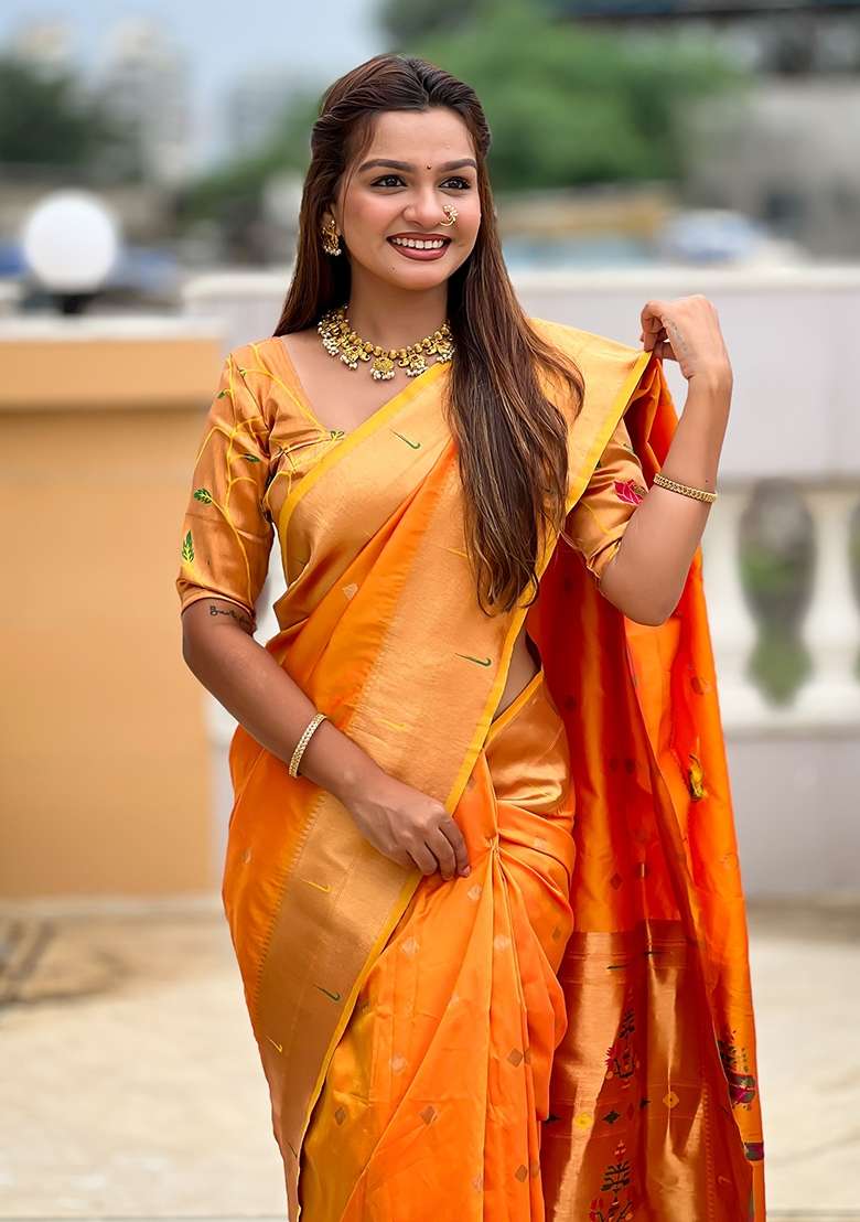 Orange Silk Saree Set with Embroidered for Diwali | Wedding & Festive Wear - Indya