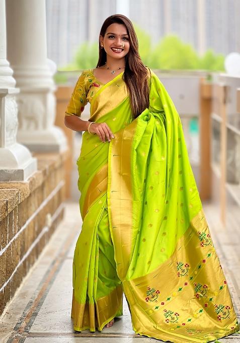 Green Embroidered Silk Saree Set