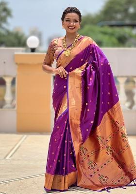 Purple Embroidered Silk Saree Set