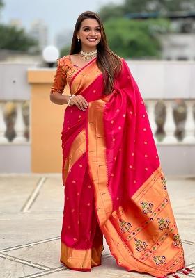 Pink Embroidered Silk Saree Set