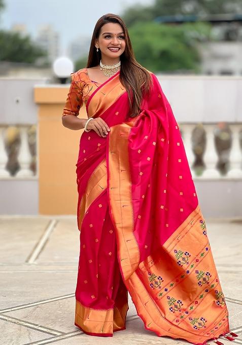 Pink Embroidered Silk Saree Set