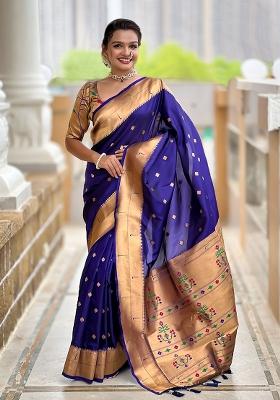Purple Embroidered Silk Saree Set