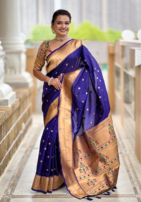 Purple Embroidered Silk Saree Set