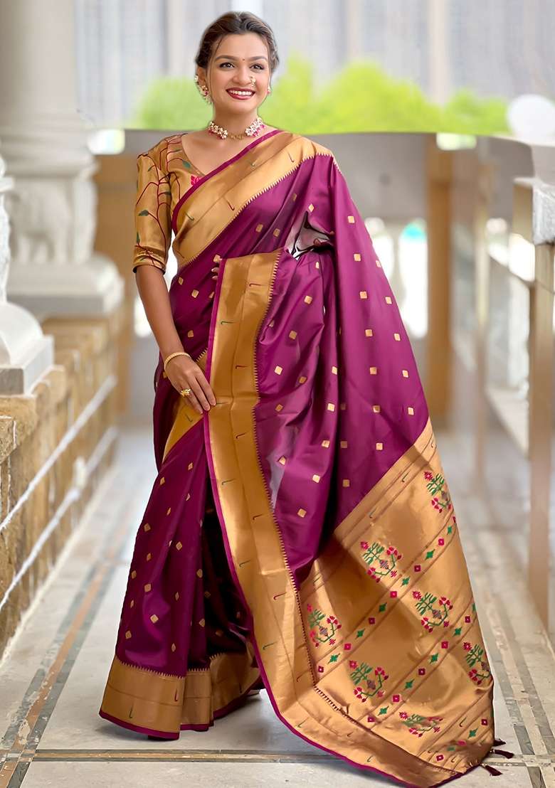 Wine Embroidered Silk Saree Set for Diwali and Festive Wear - Indya