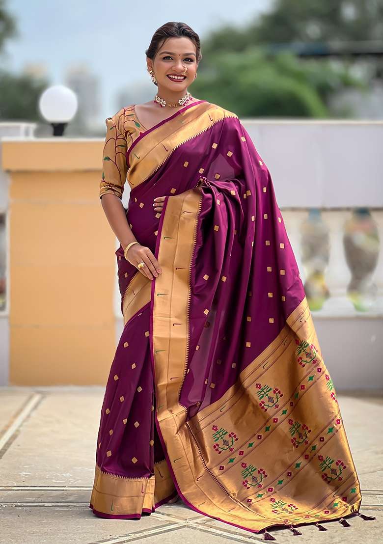 Wine Embroidered Silk Saree Set for Diwali and Festive Wear - Indya