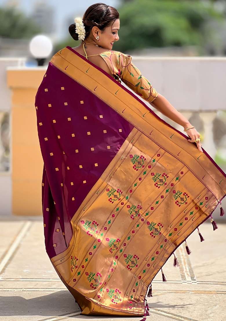 Wine Embroidered Silk Saree Set for Diwali and Festive Wear - Indya