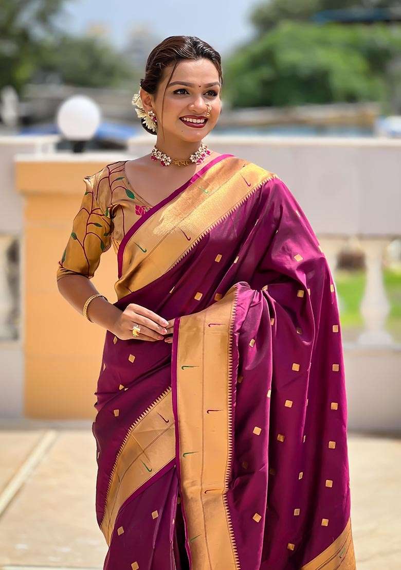 Wine Embroidered Silk Saree Set for Diwali and Festive Wear - Indya