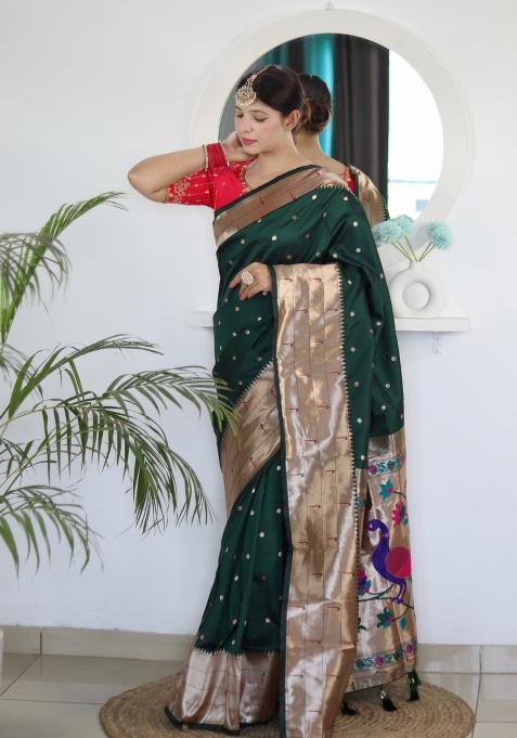 Green Embroidered Silk Saree Set