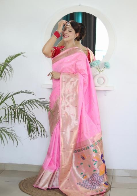 Pink Embroidered Silk Saree Set