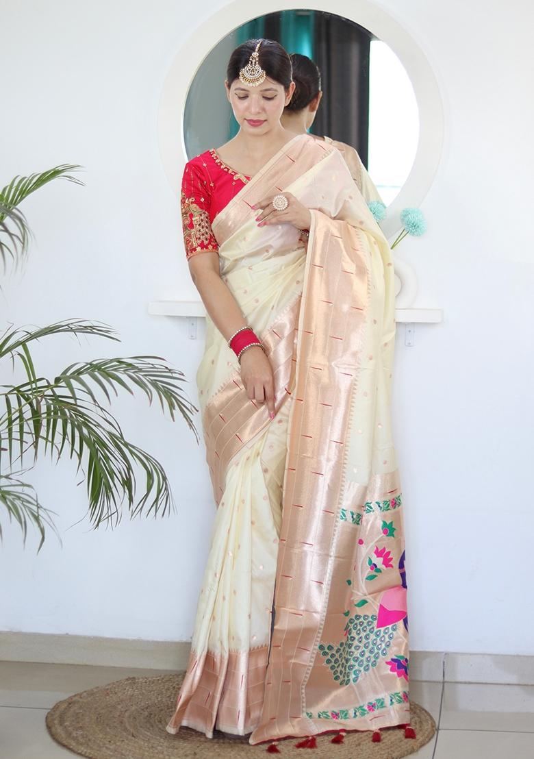 Beige Embroidered Silk Saree Set - Indya