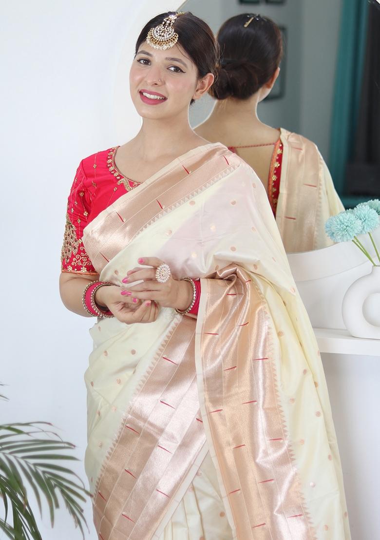 Beige Embroidered Silk Saree Set - Indya