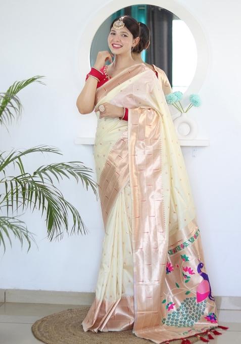 Beige Embroidered Silk Saree Set — view on Indya