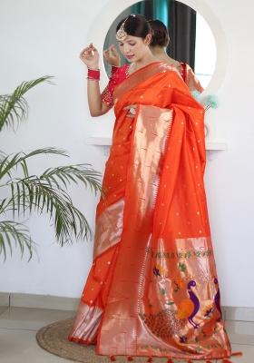 Orange Embroidered Silk Saree Set