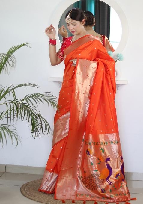 Orange Embroidered Silk Saree Set