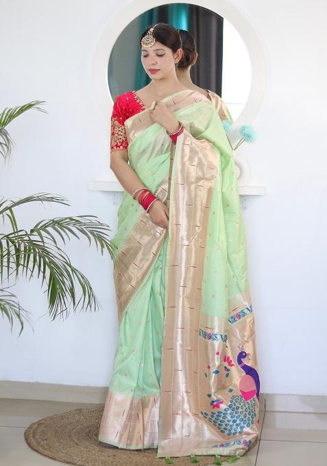 Green Embroidered Silk Saree Set