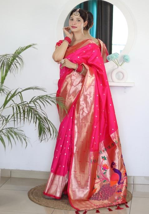 Pink Embroidered Silk Saree Set