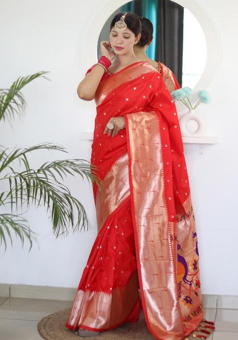 Red Embroidered Silk Saree Set