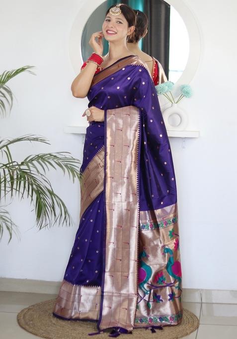 Purple Embroidered Silk Saree Set