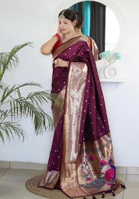 Wine Embroidered Silk Saree Set