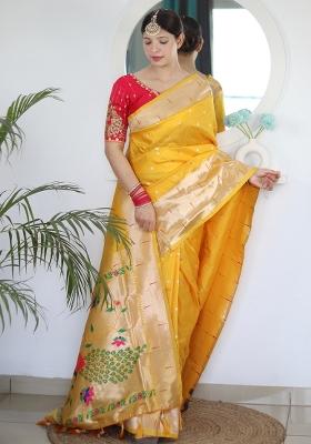 Yellow Embroidered Silk Saree Set
