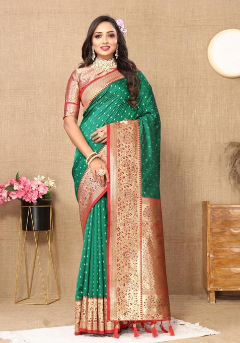 Green Embroidered Silk Saree Set — view on Indya