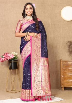 Blue Embroidered Silk Saree Set