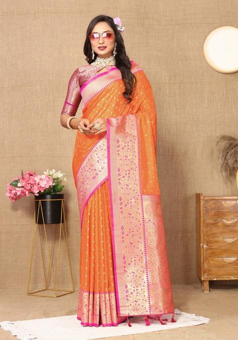 Orange Embroidered Silk Saree Set