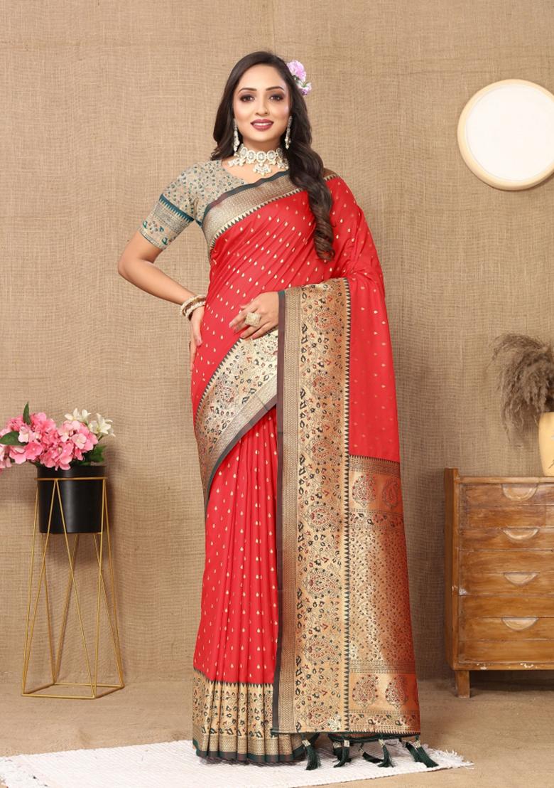 Red Embroidered Silk Saree Set