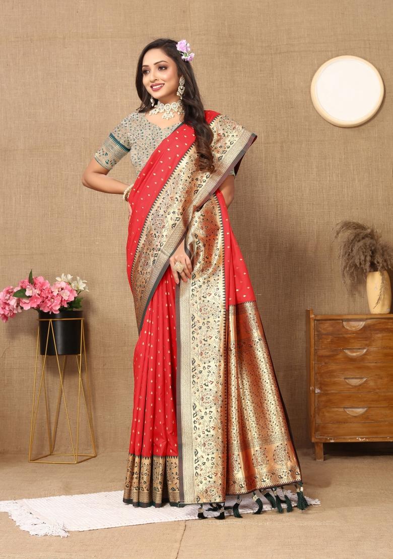 Red Embroidered Silk Saree Set