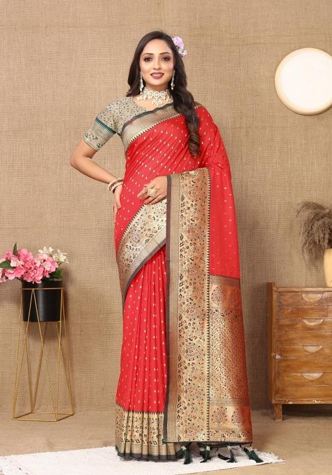 Red Embroidered Silk Saree Set